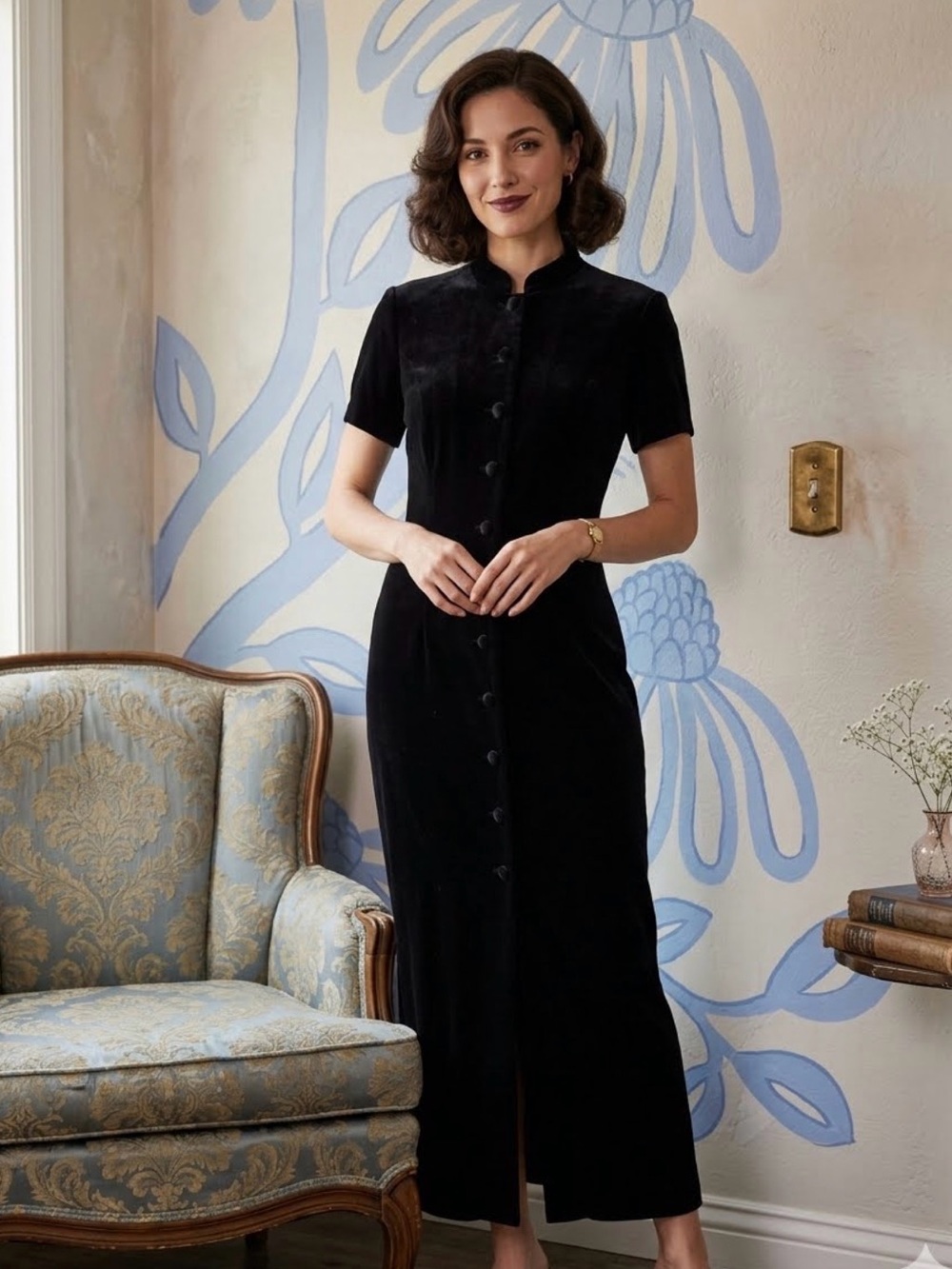 Vintage Black Velvet Button Front Maxi Dress